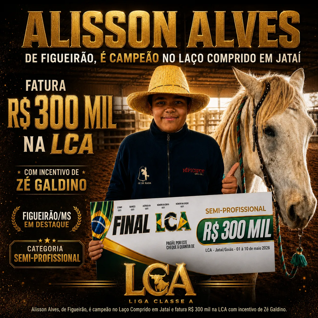 Imagem de compartilhamento para o artigo Alisson Alves, de Figueirão, é campeão no Laço Comprido em Jataí e fatura R$ 300 mil na LCA da MS Todo dia